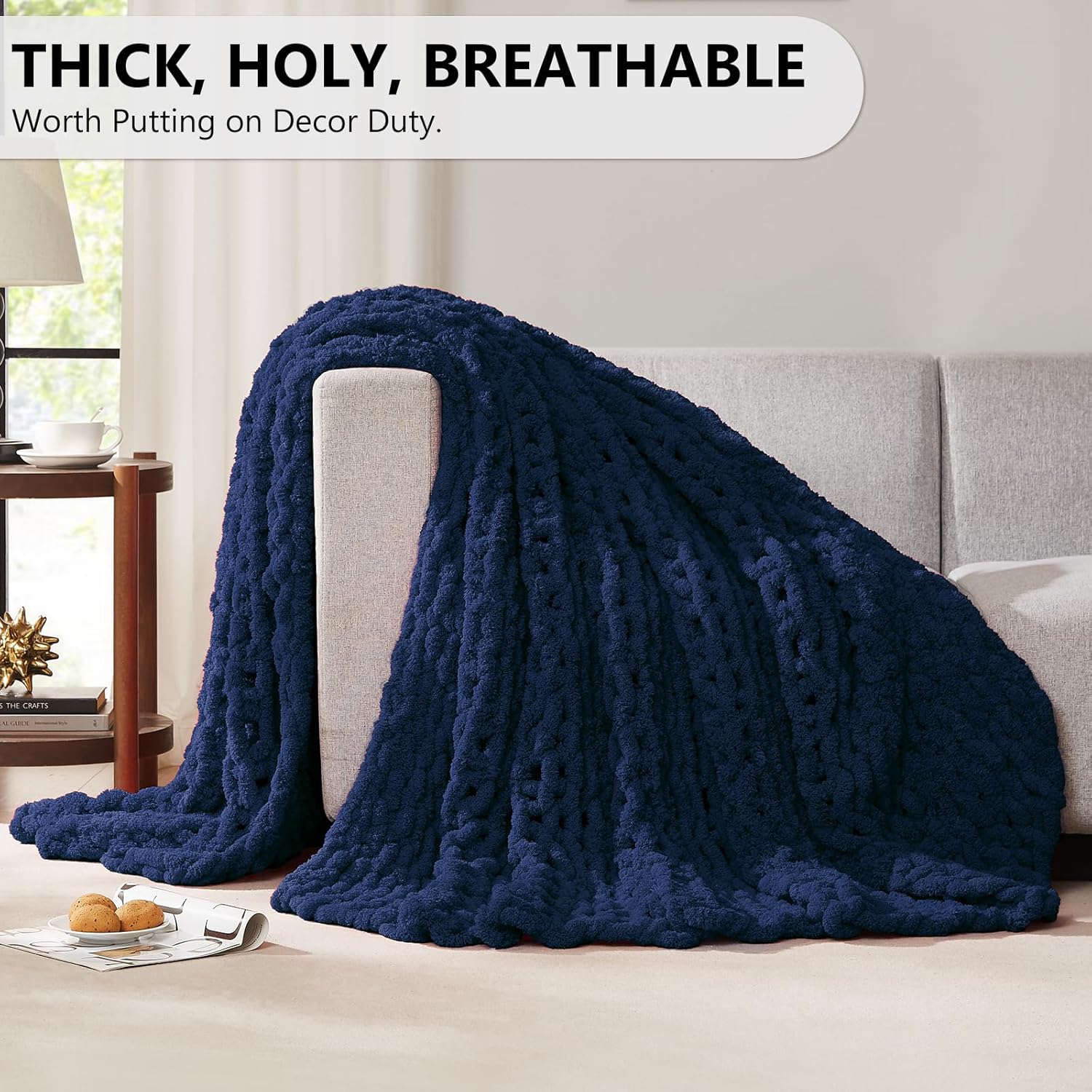 L'AGRATY Chunky Knit Throw: 72''x84'' Chenille Blanket for Bed Couch - Handmade Thick Big Cable