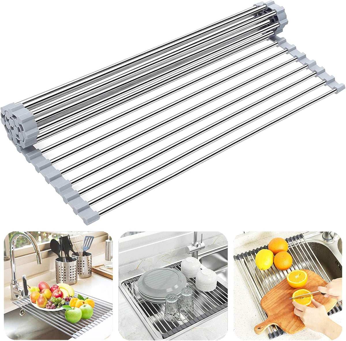 Searik Over The Sink Dish Drying Rack, Roll up Sink Dish Drainer Rack Foldable Kitchen Stainless