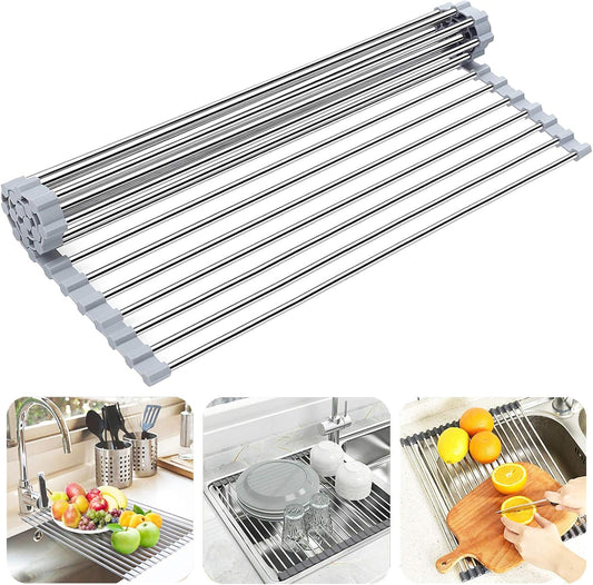 Searik Over The Sink Dish Drying Rack, Roll up Sink Dish Drainer Rack Foldable Kitchen Stainless