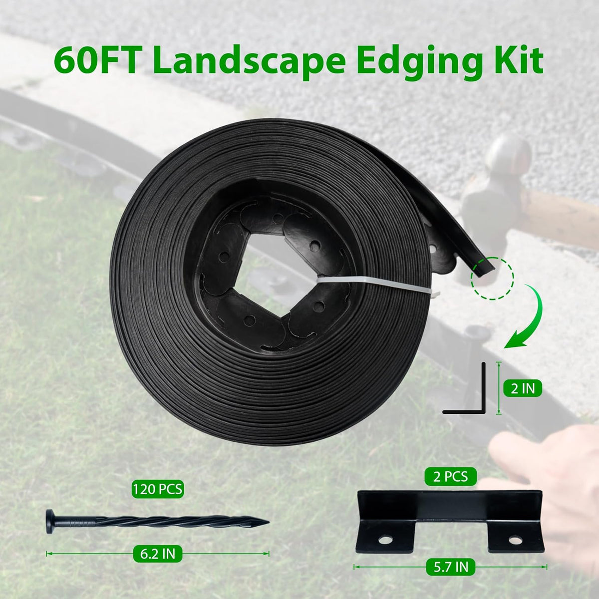 Landscape Edging Border 60 FT 2 Inch Tall with 120 Spikes, Plastic Edging for Landscaping, Garden