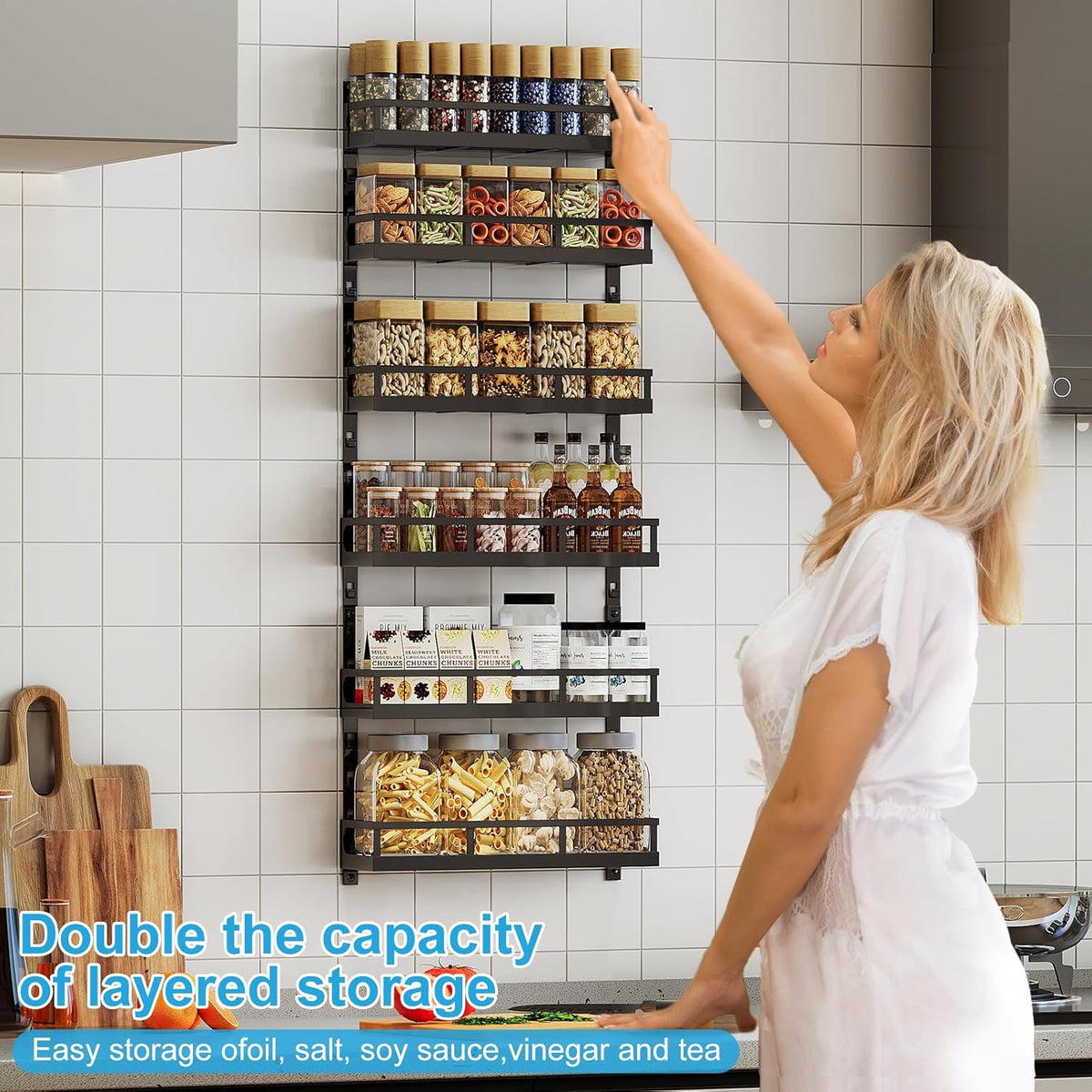 X-cosrack 6-Tier Wall-Mounted Spice Rack Organizer with Mixed Basket Sizes, Height-Adjustable