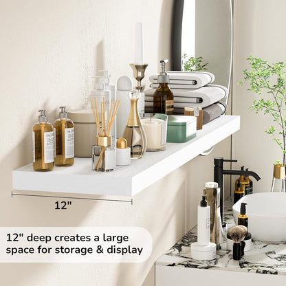 Fun Memories Floating Shelves - 12 Inch Rustic Wooden Wall Shelves - Extra Deeper & Thicker Wall