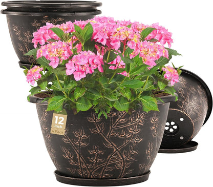 12-inch-Flower-Pots-Outdoor-Indoor, 4 Pack Plastic Planter Pots for Plant with Drainage Hole