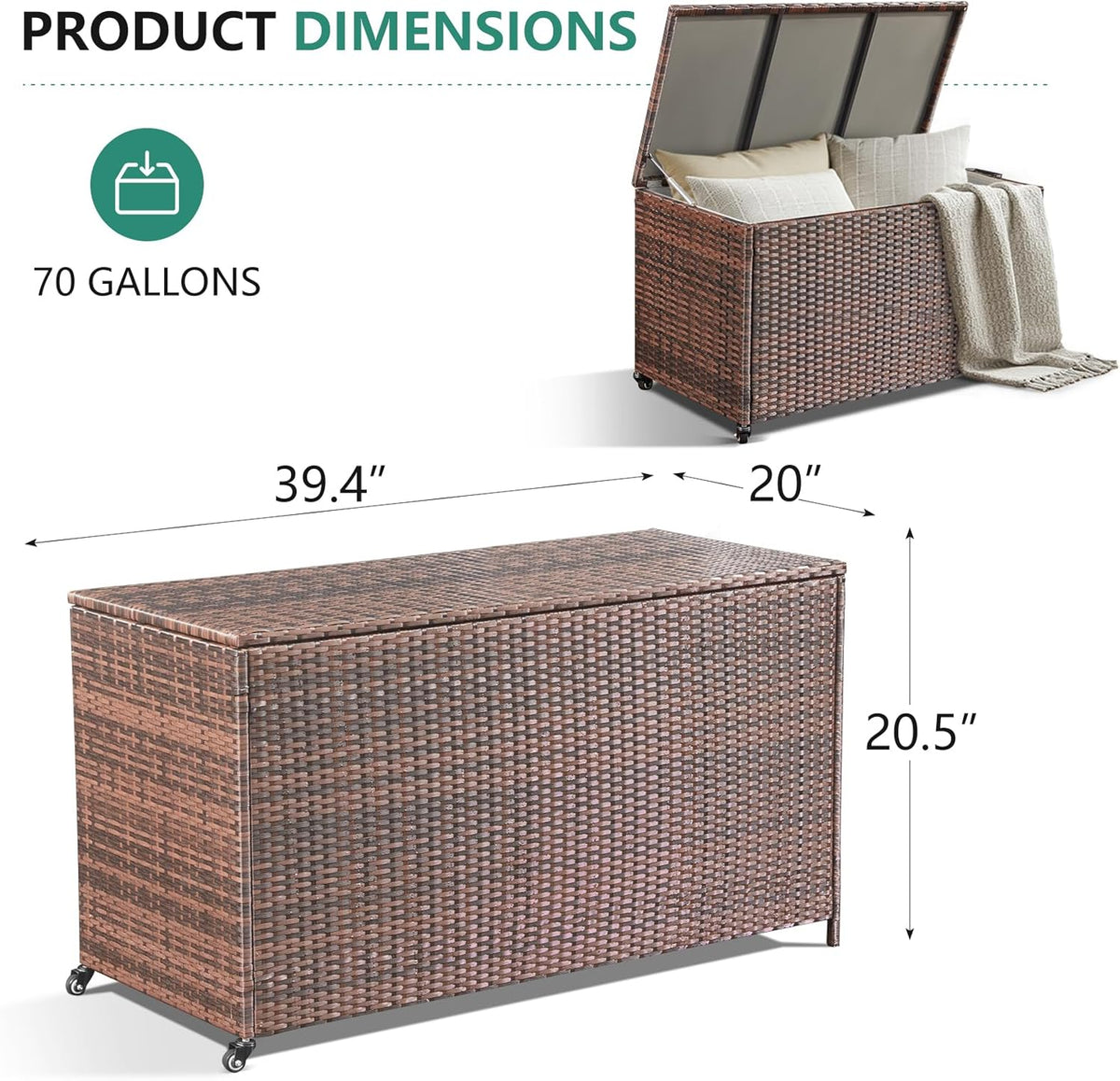 HOMREST Large Deck Box, Outdoor Wicker Storage Container with 70 Gallon, Patio Rattan Furniture for