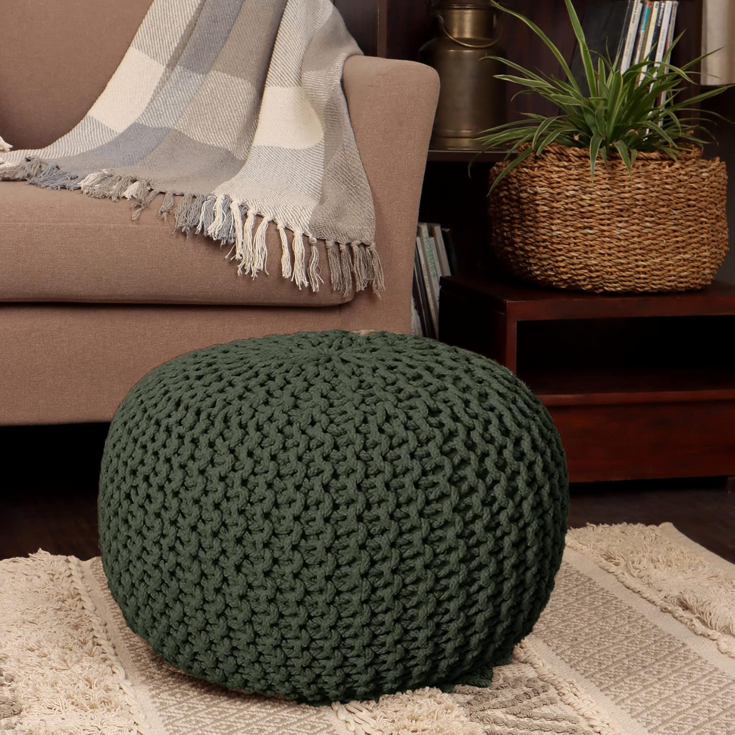 REDEARTH Round Hand Knitted Pouf - Foot Stool Bean Bag Ottoman - Cord Boho Pouffe - Poof Accent