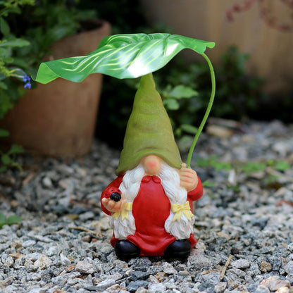 Garden Female Gnome Statue Decoration with Leaf Umbrella, 7.5” Figurine Ornament for Indoor Outdoor