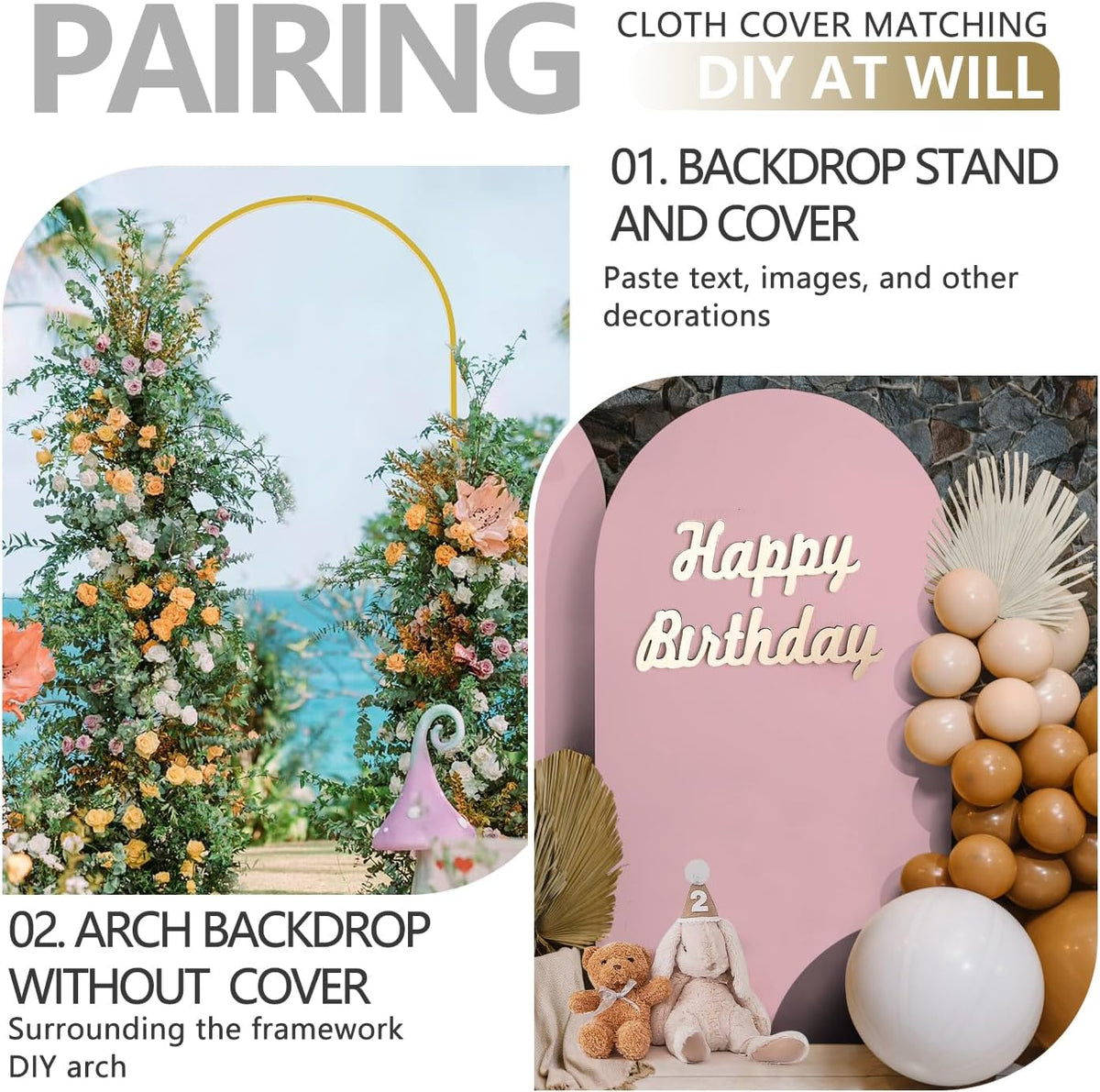 Arch Backdrop Stand and Cover Set, 3 Metal Balloon Arch Backdrop 4ft 5ft 6ft, Gold Arched Stand