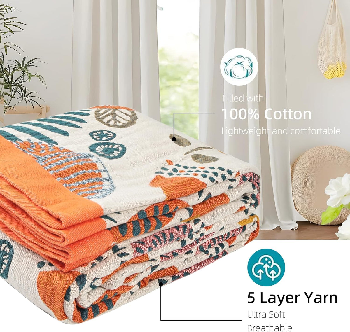Boho Throw Blanket for Bed - 100% Pure Cotton Ultra Soft Rustic Quilt - Farmhouse Decor Bed
