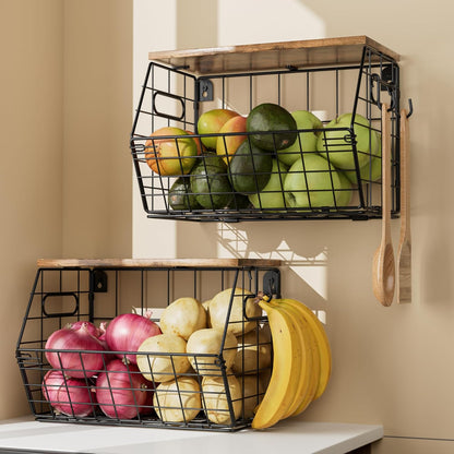 Delamu 2-Pack Stackable Metal Fruit Basket with Wood Lid-Wall Mounted & Countertop Organizer for