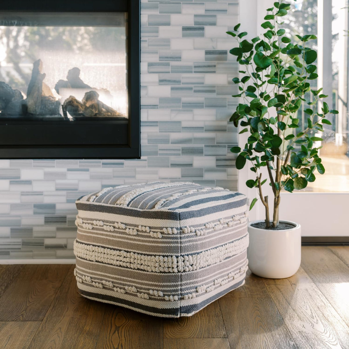 Pouf Ottoman, Square Hand Woven Loop and Striped Ottoman Pouf for Living Room or Bedroom, Floor