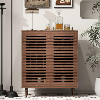 Mid Century Bar Cabinet with Wine Racks, Modern Liquor Cabinet with Slatted Doors for Dining Room