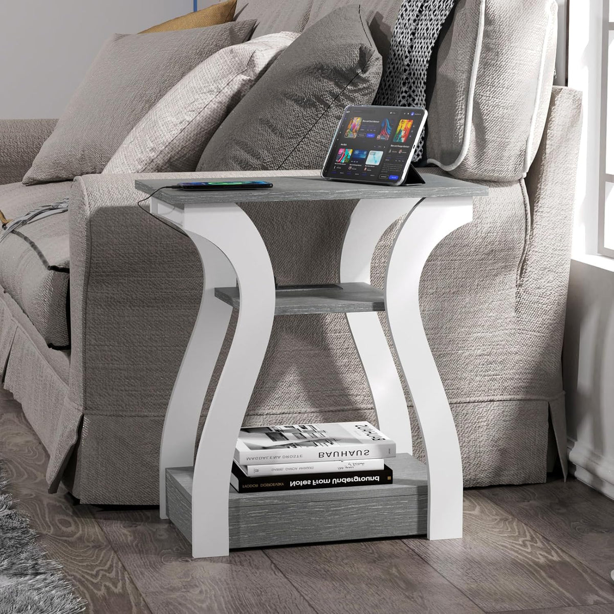End Tables Living Room Set of 2,Grey End Table with Charging Station,Grey Side Table, Nightstand