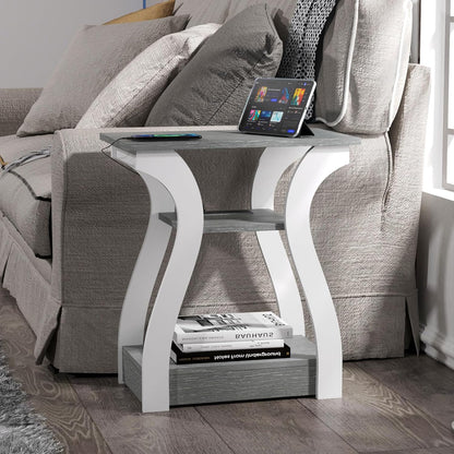 End Tables Living Room, Grey End Table with Charging Station, Grey Side Table, Nightstand for