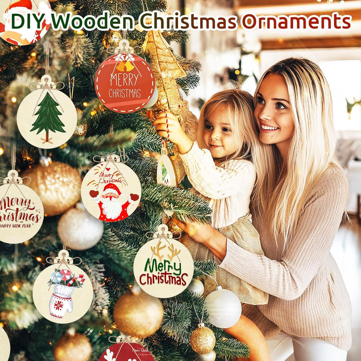 Philorn 50pcs Wooden Ornaments for Crafts 3.5" Unfinished DIY Wooden Christmas Ornaments