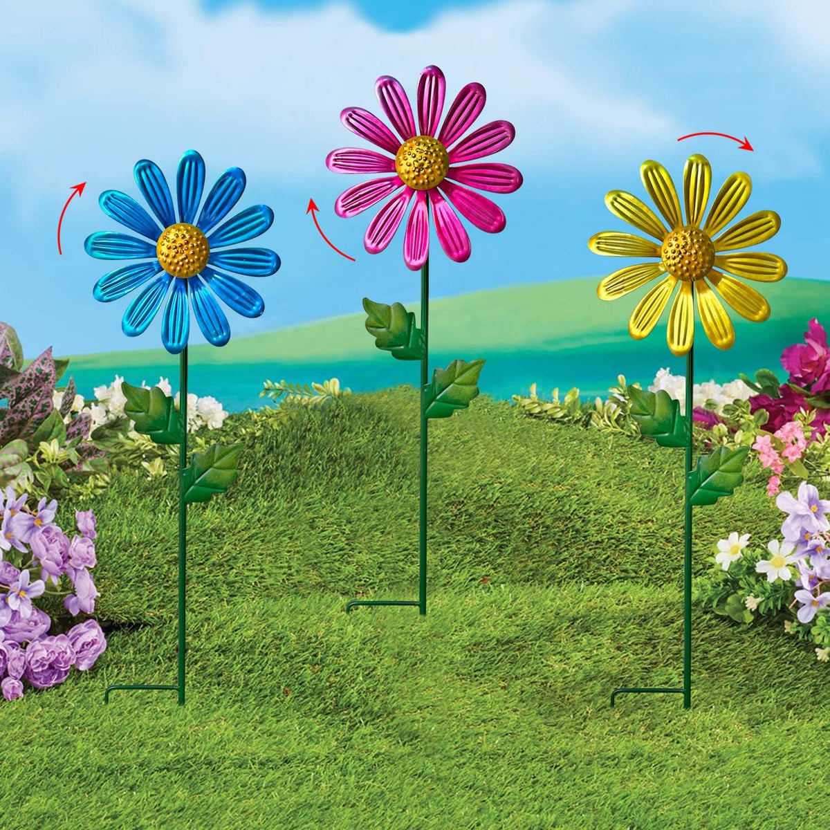 WAIU Metal Daisy Garden Stakes, Wind Catcher Spinner Garden Stakes, Garden Windmill Stakes Outdoor