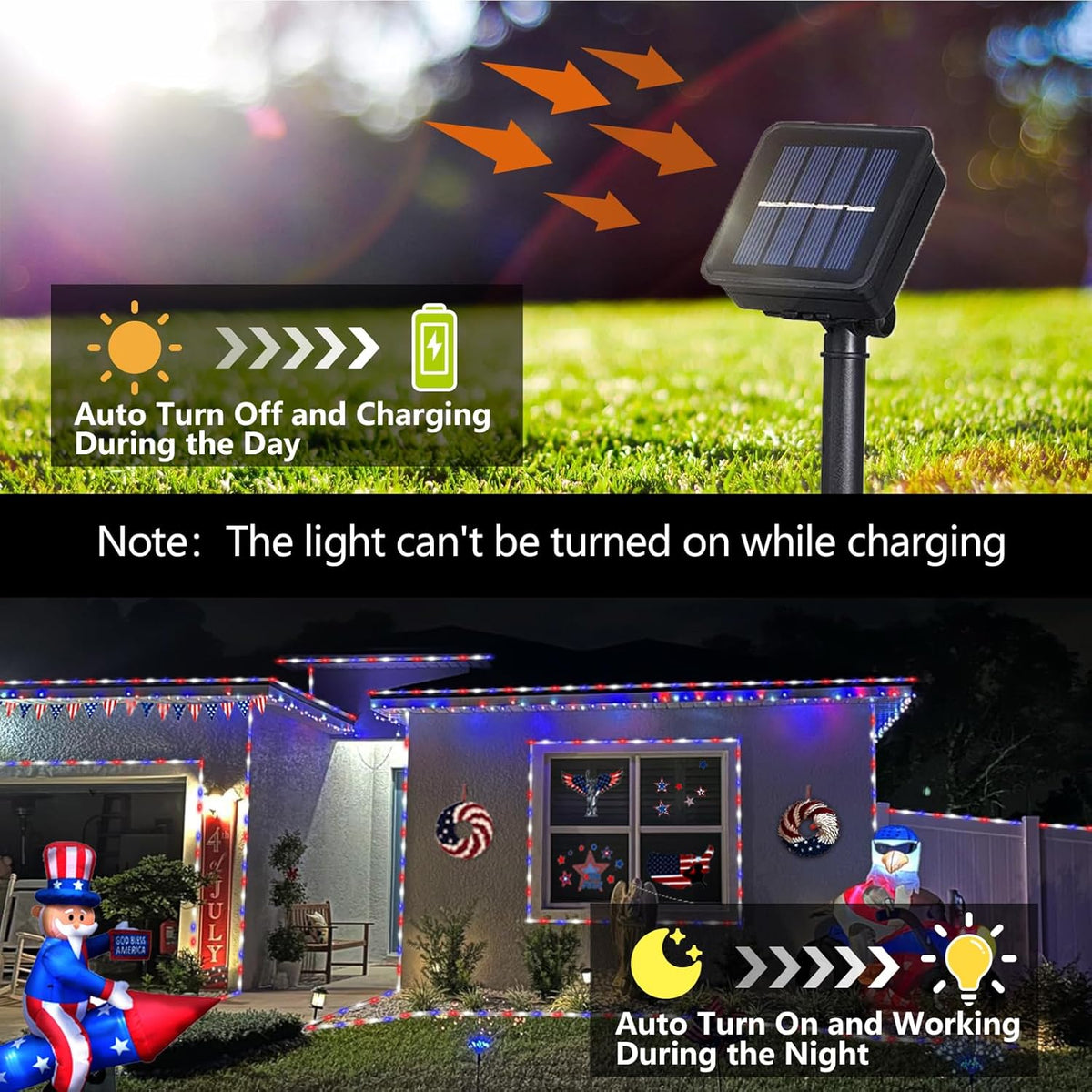 YEGUO 4th of July Decorations Red White and Blue Lights, 2 Packs Each 33ft 100 LED Solar Rope Light