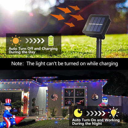 YEGUO 4th of July Decorations Red White and Blue Lights, 2 Packs Each 33ft 100 LED Solar Rope Light