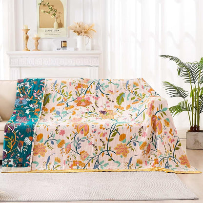 Boho Throw Blanket for Bed, 100% Cotton Soft Rustic Quilt Fall Blanket, 80" 90" Floral Printed