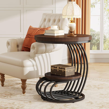Tribesigns Round End Side Table: Side Table with 2 Tiers Storage Shelves, Vintage End Table for