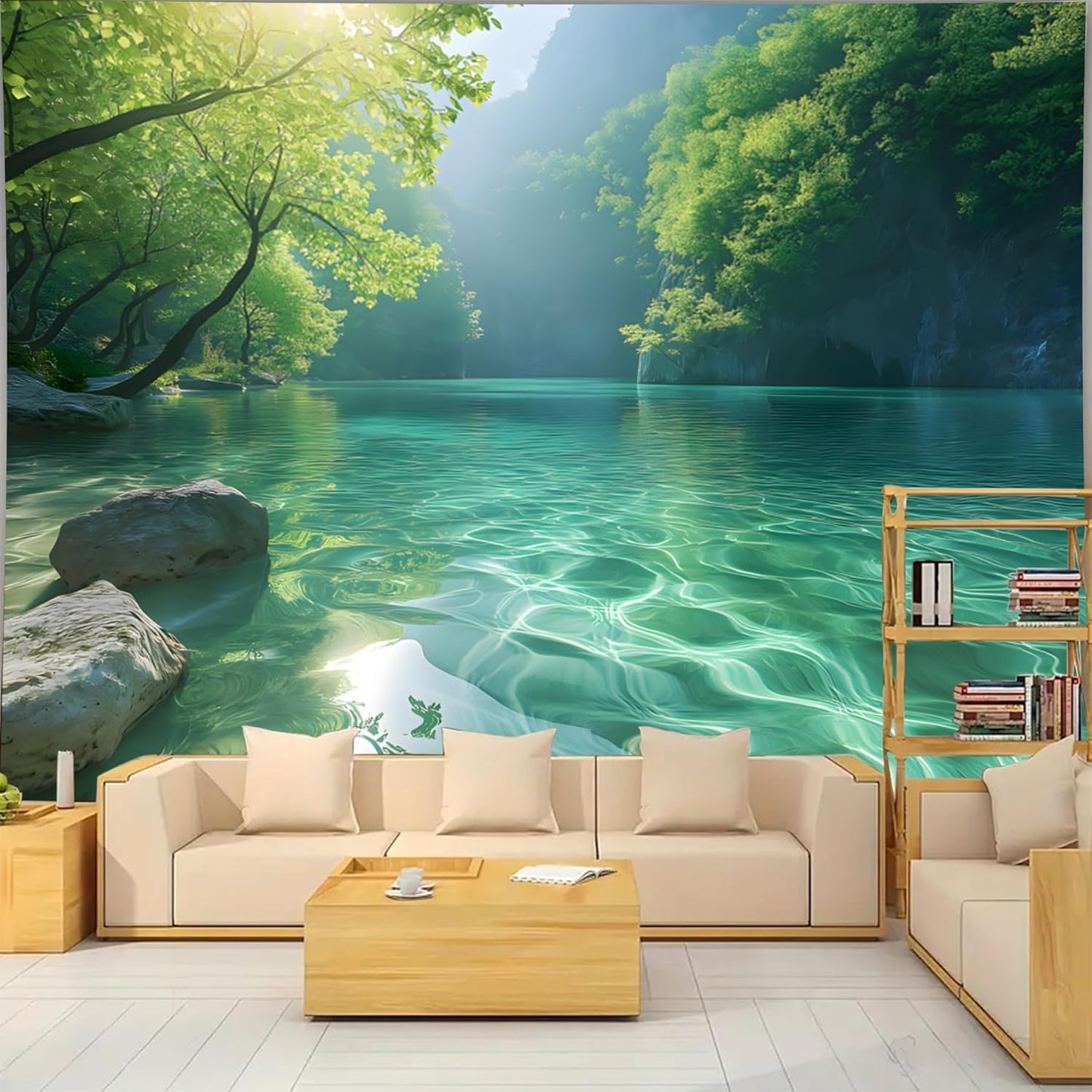 BSFHH Nature Tapestry Forest Tree Sea Cave Wall Hanging, Stream Through Rainforest Landscape Wall