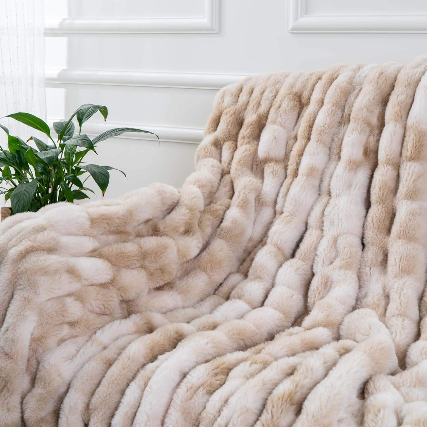 BATTILO HOME Ruched Luxury Faux Fur Throw Blanket Beige Tie-dye Rabbit Fur Blanket for Couch