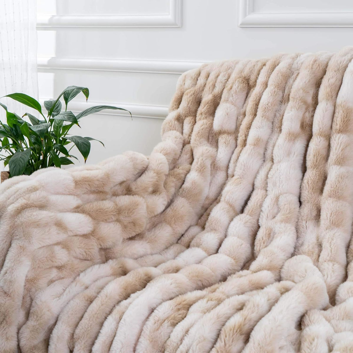 BATTILO HOME Ruched Luxury Faux Fur Throw Blanket Beige Tie-dye Rabbit Fur Blanket for Couch