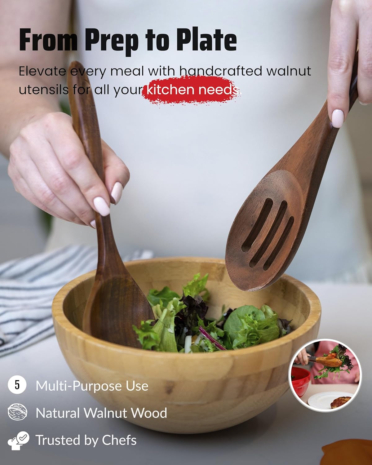 Elegant 5-Piece Walnut Wood Kitchen Utensil Set – Non-Scratch, Heat-Resistant Cooking Utensil Set