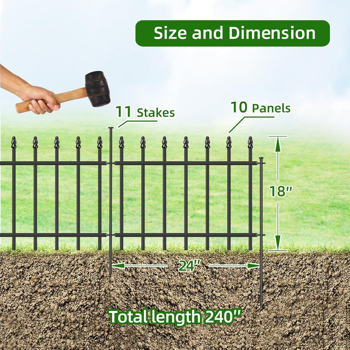 Decorative Metal Garden Fence 18 in H x 20 ft L, Small Border Fence Roman Column Deco, Garden