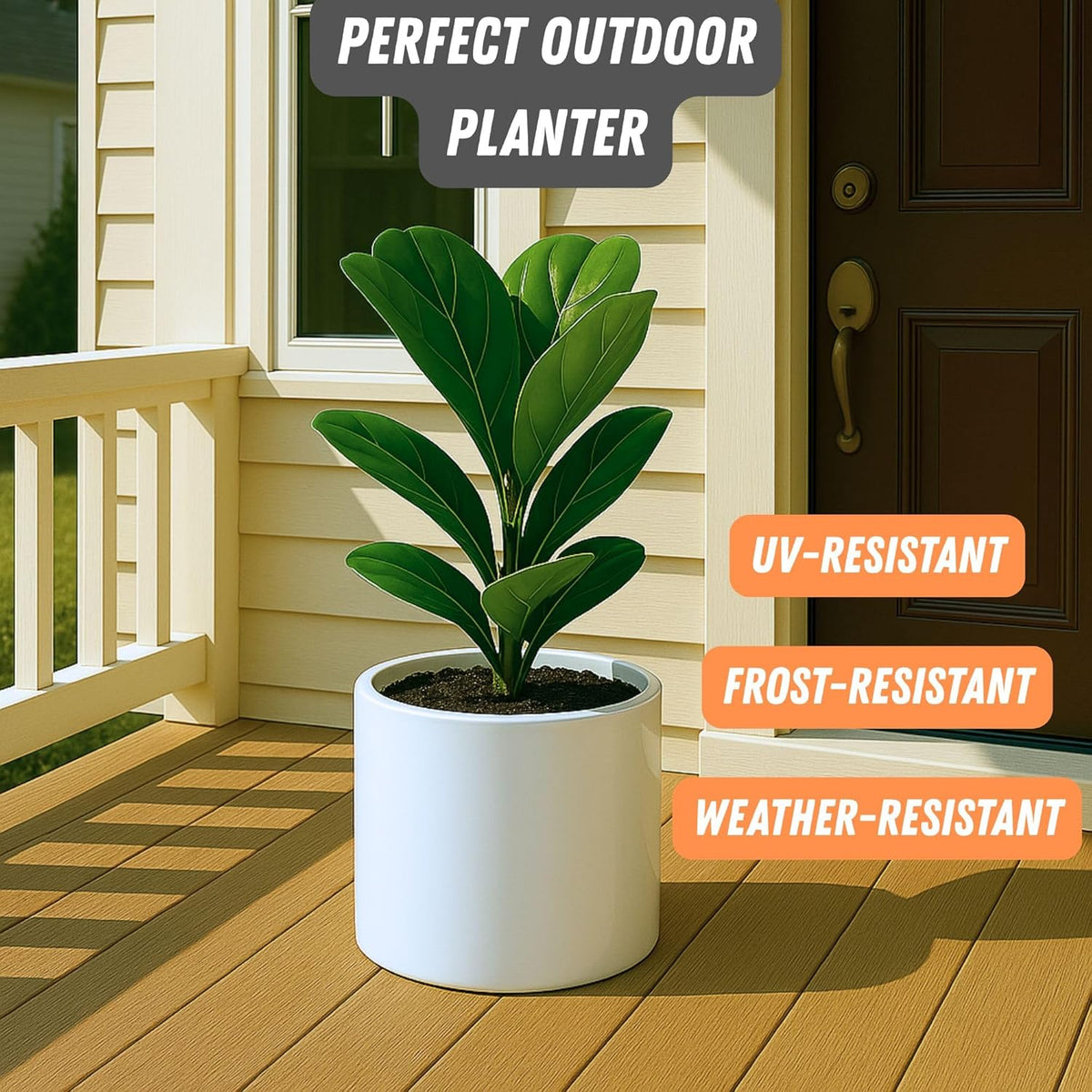 Fox & Fern 8 Inch Plant Pot with Drainage Plug — Premium Lightweight Fiberstone Glossy White