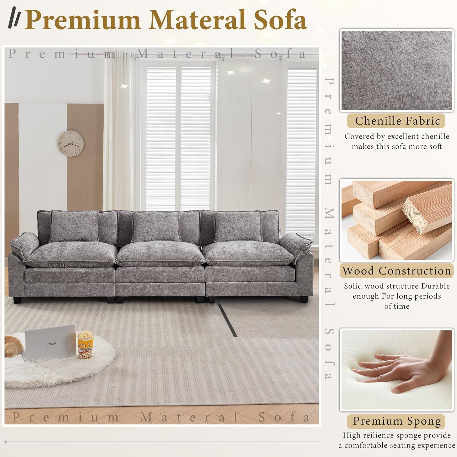 URRED Modular Sectional Sofa Comfy Cloud Couch, Modern Chenille Sofa Sleeper Deep Seat Couches with