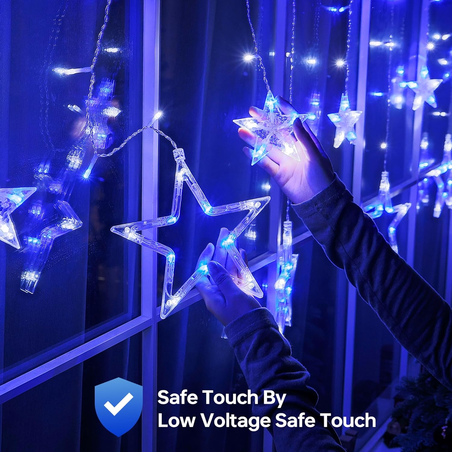 126L Blue White Christmas Star Icicle Lights, 8.2FT Clear Curtain Fairy String with Connectable