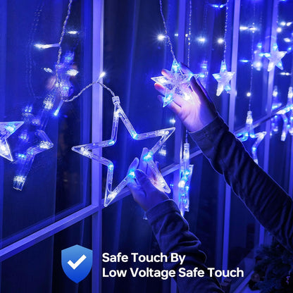 126L Blue White Christmas Star Icicle Lights, 8.2FT Clear Curtain Fairy String with Connectable