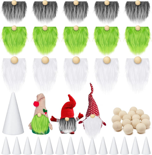 60 Pcs Gnomes Beard Sets Faux Fur Pre Cut Gnomes Beard Foam Cone Foam Handmade Wood Balls for