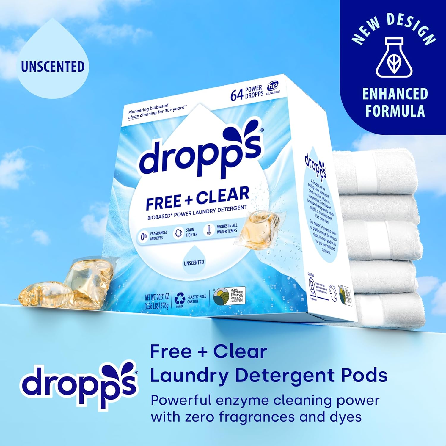 Dropps Free + Clear Biobased Power Laundry Detergent Pods, Unscented (64 Count) - HE Compatible