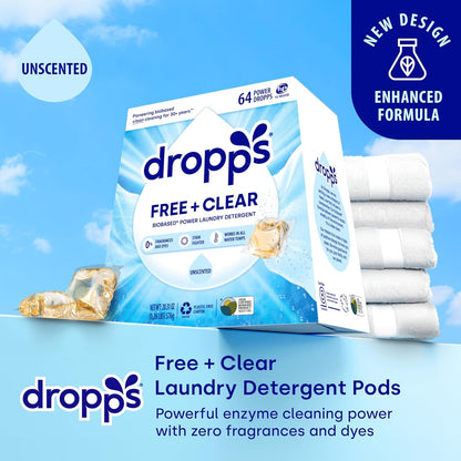Dropps Free + Clear Biobased Power Laundry Detergent Pods, Unscented (64 Count) - HE Compatible