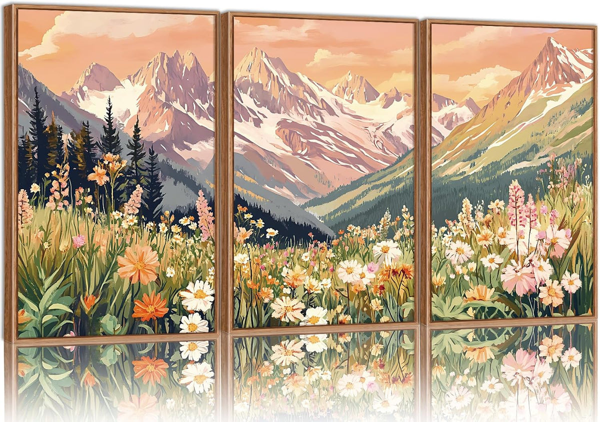 SIGNINART Vintage Floral Framed Canvas Wall Art Set, Large Mountains Nature Landscape Wall Decor