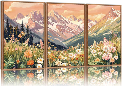 SIGNINART Vintage Floral Framed Canvas Wall Art Set, Large Mountains Nature Landscape Wall Decor