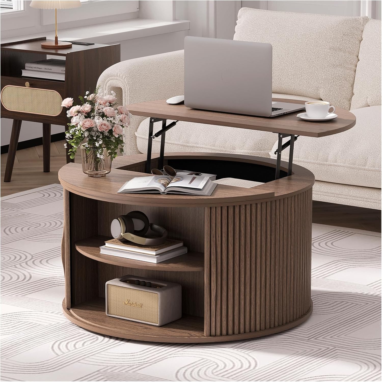 Round Coffee Table with Lifting Top,31.5”Mid Century Modern Lift Top Coffee Table with Hidden
