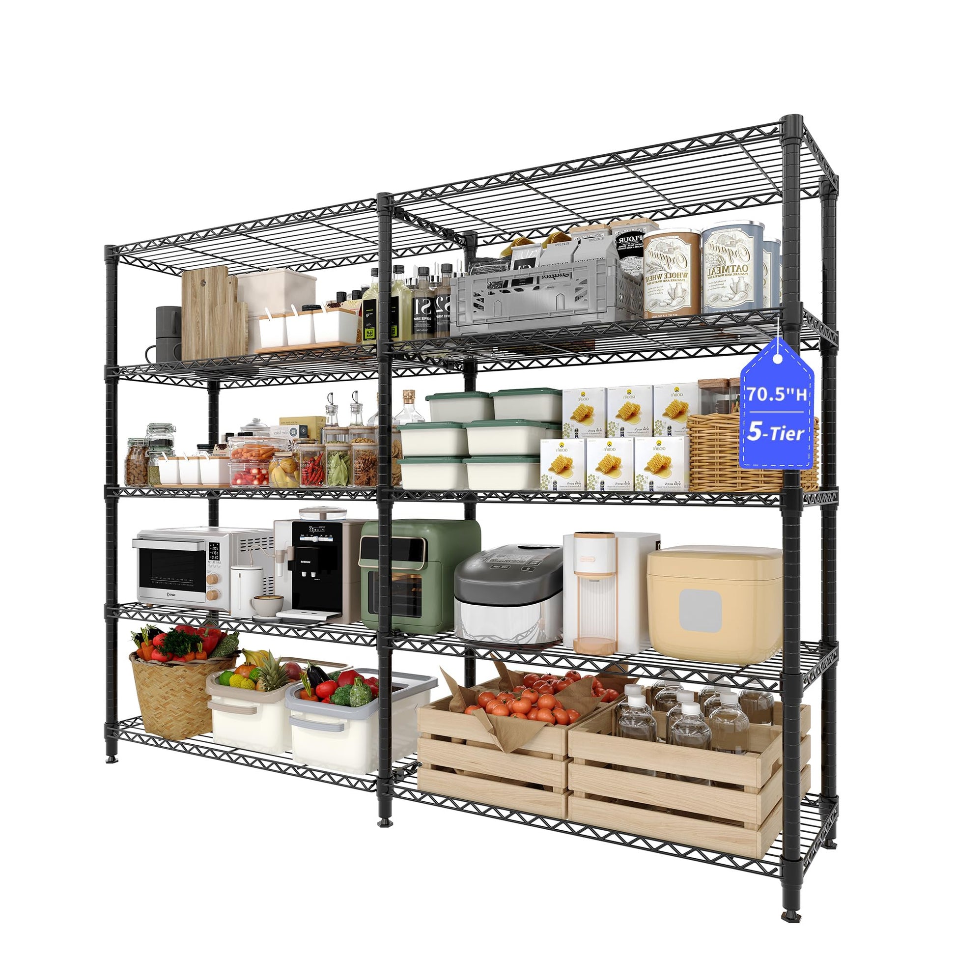 71"W Metal Storage Shelves 5-Tier, Heavy Duty 1325LBS Wire Rack Shelving Unit, Adjustable Black