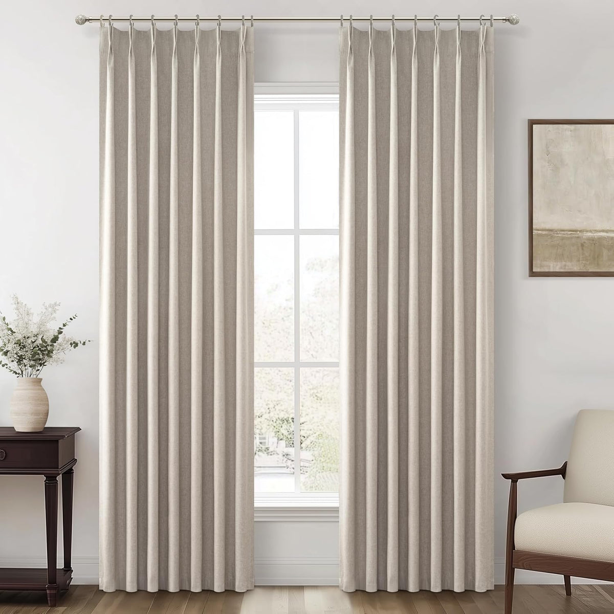 Viral Curtains with Pinch Pleat Clips & Hooks, Grey Taupe Faux Linen Blackout Curtain for Bedroom