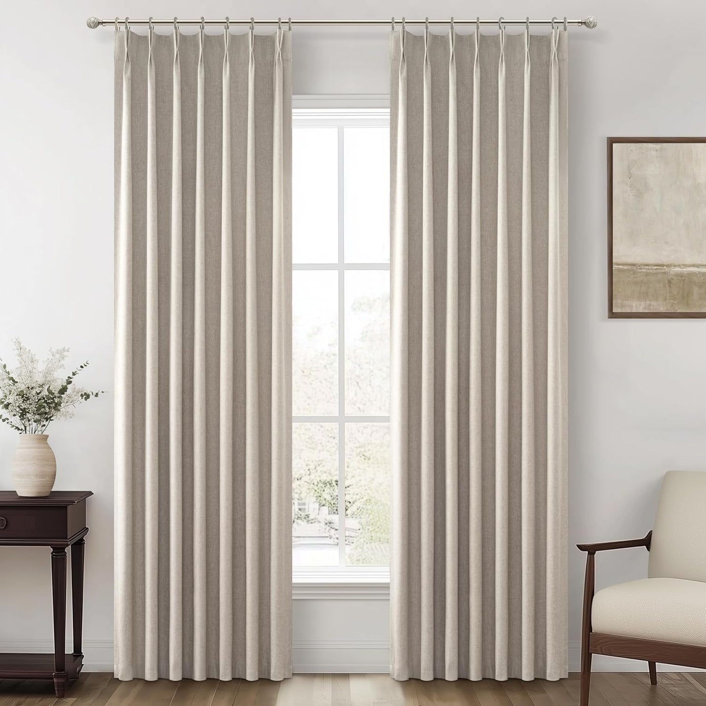 Grey Beige Linen Pinch Pleated Viral Thick Curtains Blackout & Drapes 84 Inch Length 2 Panels Set