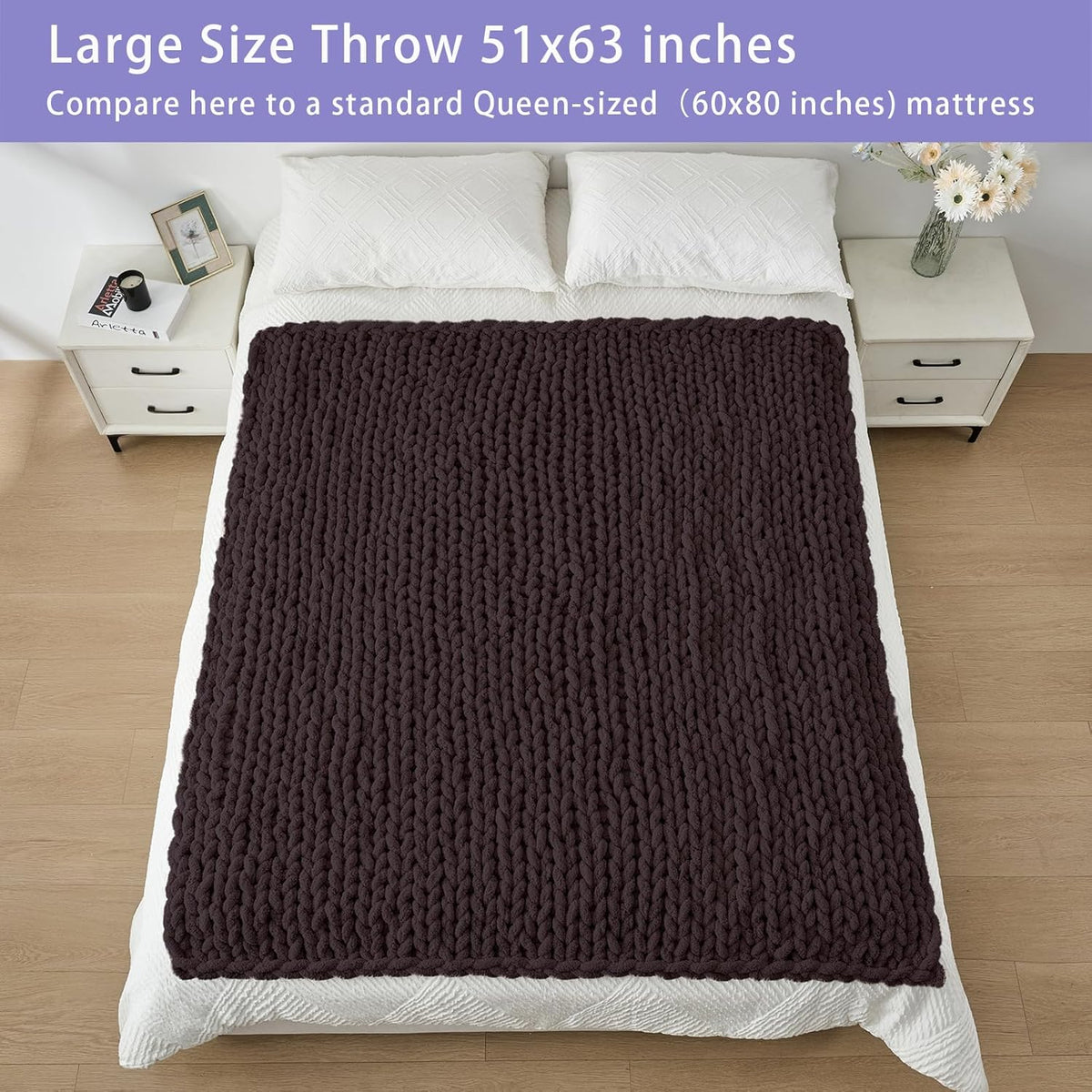 Bigacogo Chunky Knit Throw Blanket for Couch, 51x63 inches, 100% Hand Knitted with Thick Jumbo