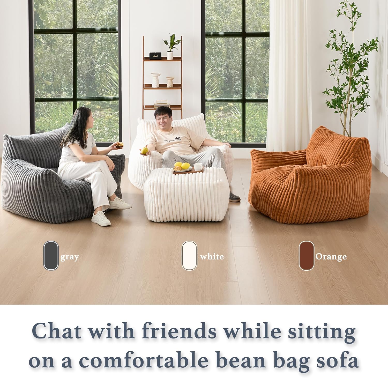 Oversized Bean Bag Chaise Lounge Chair Indoor for Adults with Armrests & Ottoman - Giant Comfy Gray