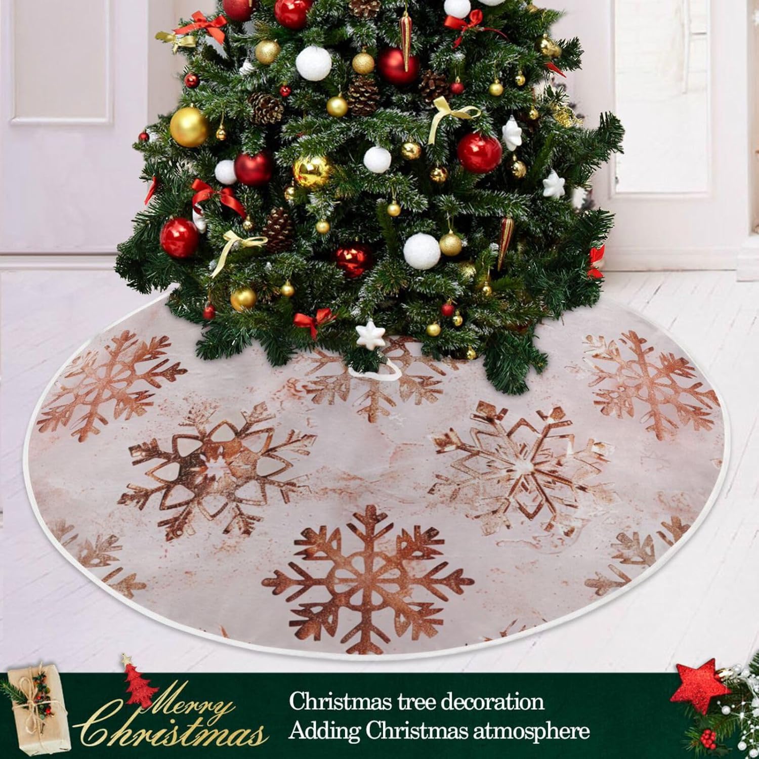 Christmas Tree Skirt, 48 Inch Rose Gold Snowflakes Pattern Xmas Tree Skirt for Christmas New Year