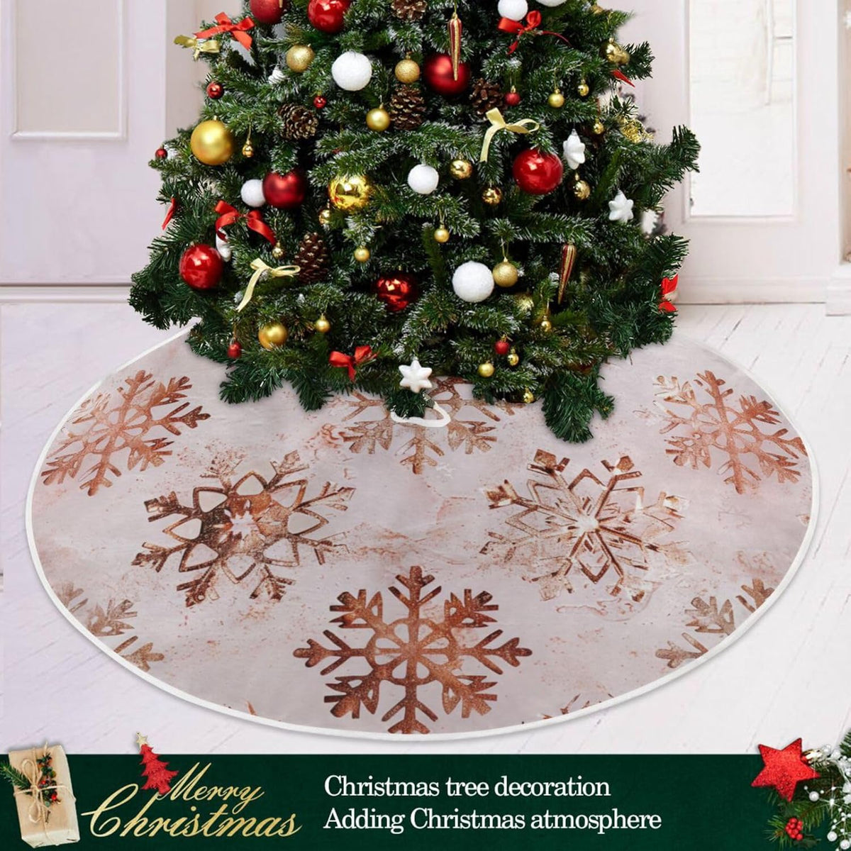 Christmas Tree Skirt, 36 Inch Rose Gold Snowflakes Pattern Xmas Tree Skirt for Christmas New Year