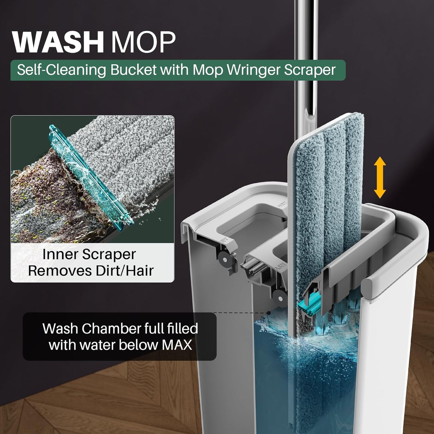 JOYMOOP Mop and Bucket with Wringer Set, Hands Free Flat Floor Mop and Bucket, with 8 Washable