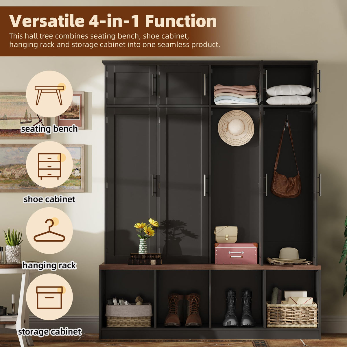 Hall Tree with Bench and Shoe Storage Compartments, Particle Board Multi-Functional Entryway