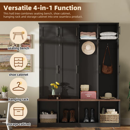 Hall Tree with Bench and Shoe Storage Compartments, Particle Board Multi-Functional Entryway