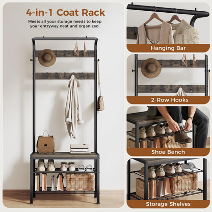 NEWBULIG Coat Rack, Hall Tree with Shoe Bench, 4-in-1 Entryway Organizer with 10 Hooks and Storage
