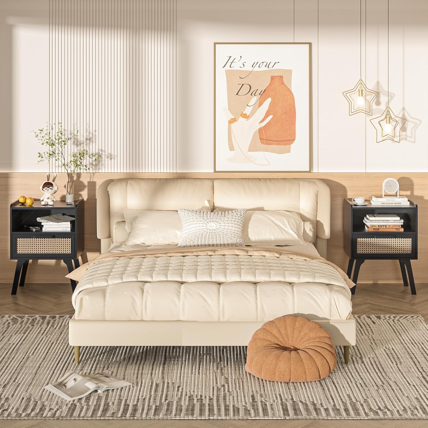 Lerliuo Rattan Nightstands Set of 2, Bedside Table with Drawer Open Shelf, Cane Accent Side End